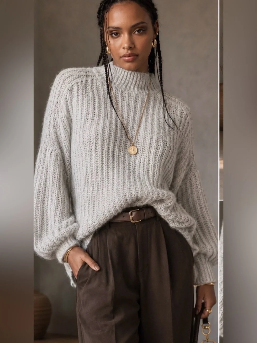 Anthropologie Pilcro Long Line Cable Tunic Sweater Ivory Small Wool/Linen Blend